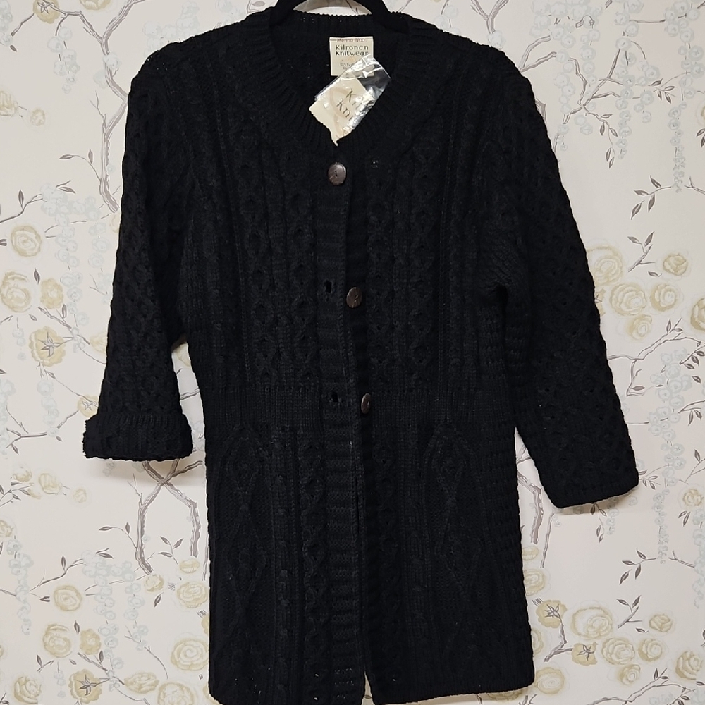 Kilroran Knitware Merino Wool Black Knit Cardigan Sweater Made In Ireland